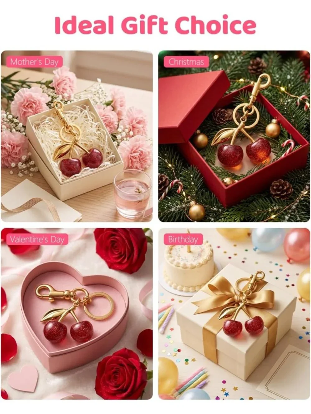 24PCS Cute Cherry Keychain Set, Stylish Purse Charm & Bag Accessories, Perfect